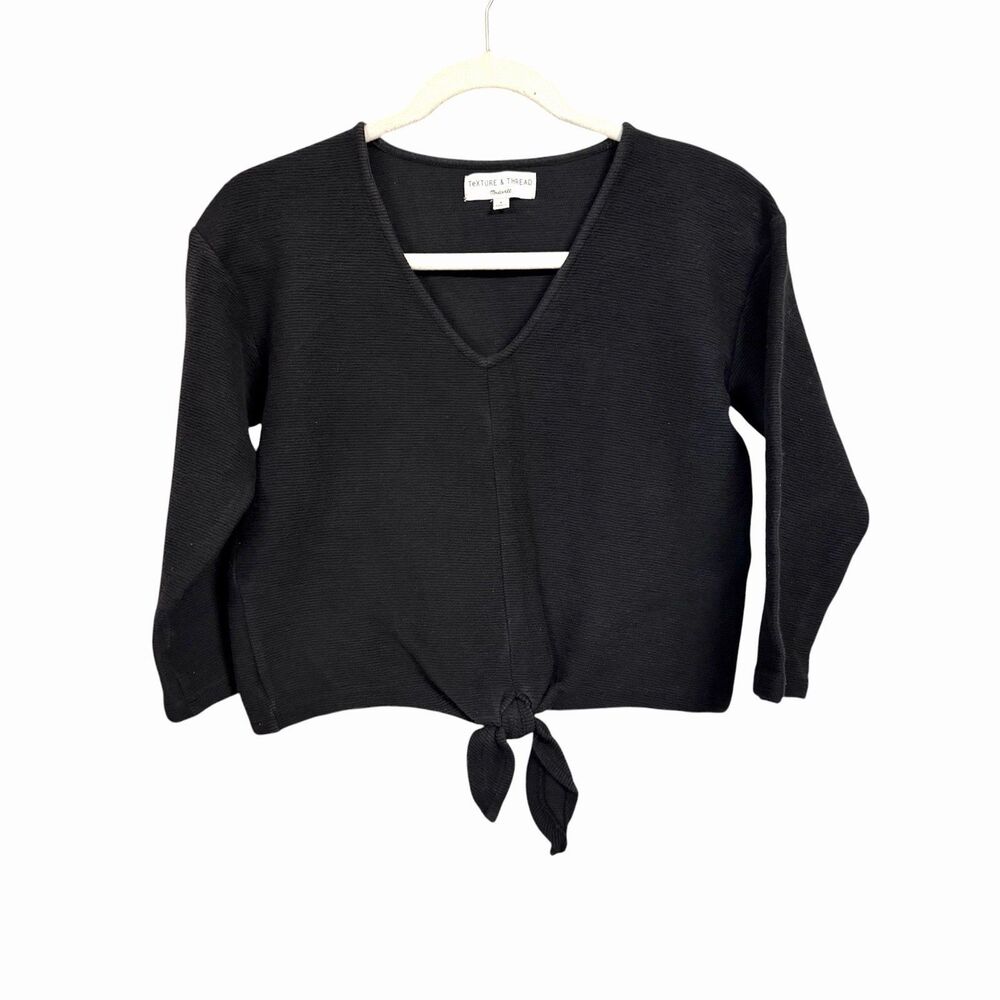 Madewell Texture & Thread Womens Sz S Black Tie Front Ribbed Long Sleeve Sweater